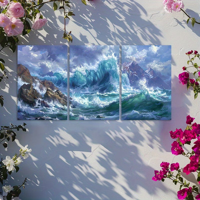 3pcs Modern Seascape Ocean Waves Wall Art Set Canvas Framed 50x70cm - High Quality Print 100% Australian Made Wall Canvas Ready to Hang