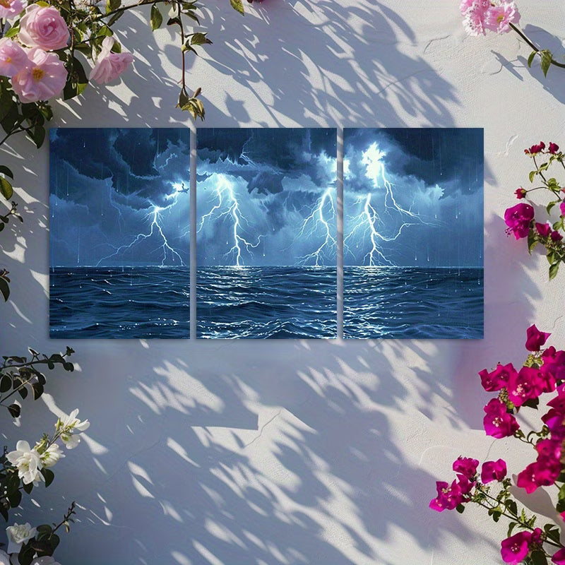 3pcs Thunderstorm Lightning Seascape Wall Art Set Canvas Framed 50x70cm - High Quality Print 100% Australian Made Wall Canvas Ready to Hang