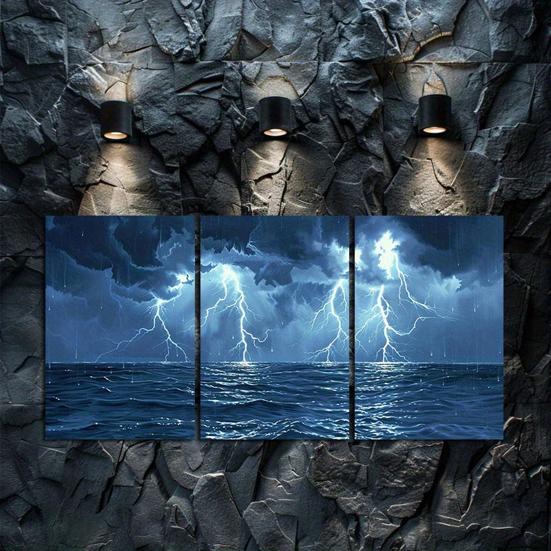 3pcs Thunderstorm Lightning Seascape Wall Art Set Canvas Framed 50x70cm - High Quality Print 100% Australian Made Wall Canvas Ready to Hang