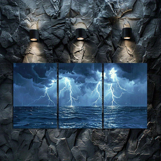 3pcs Thunderstorm Lightning Seascape Wall Art Set Canvas Framed 50x70cm - High Quality Print 100% Australian Made Wall Canvas Ready to Hang