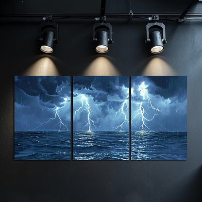 3pcs Thunderstorm Lightning Seascape Wall Art Set Canvas Framed 60x90cm - High Quality Print 100% Australian Made Wall Canvas Ready to Hang