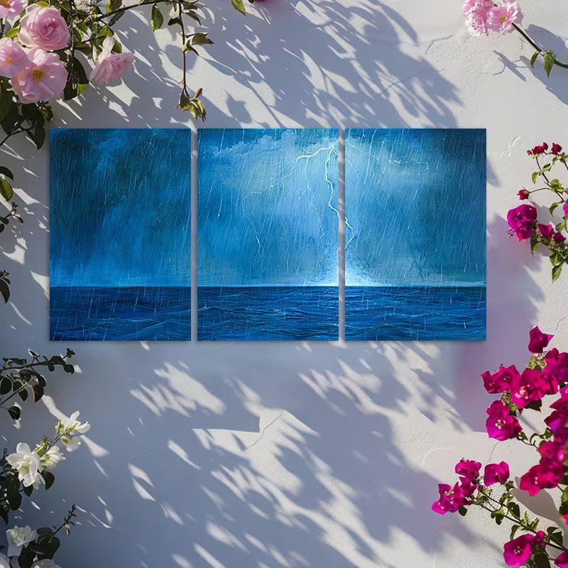 3pcs Stormy Sea Illustration Wall Art Set Canvas Framed 50x70cm - High Quality Print 100% Australian Made Wall Canvas Ready to Hang