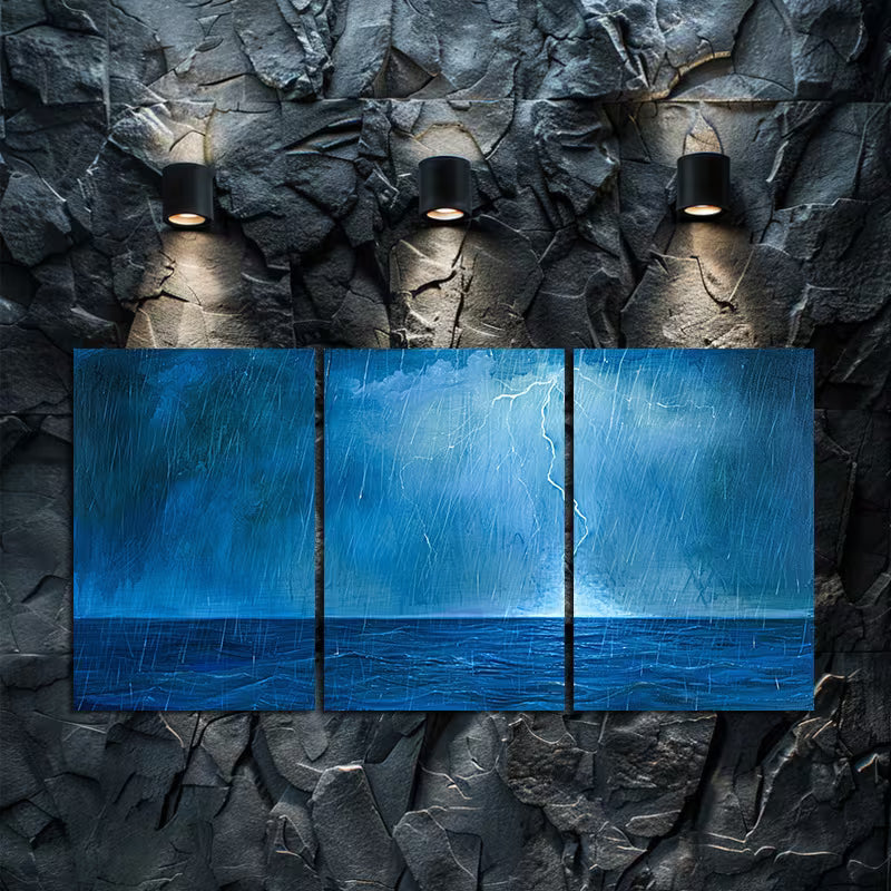 3pcs Stormy Sea Illustration Wall Art Set Canvas Framed 50x70cm - High Quality Print 100% Australian Made Wall Canvas Ready to Hang