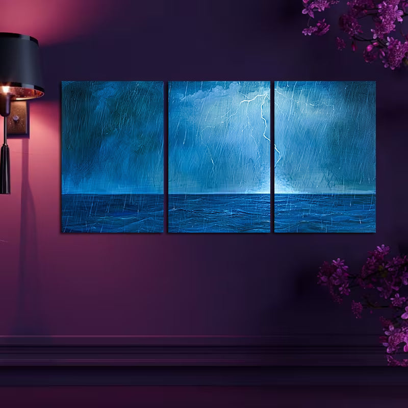 3pcs Stormy Sea Illustration Wall Art Set Canvas Framed 50x70cm - High Quality Print 100% Australian Made Wall Canvas Ready to Hang