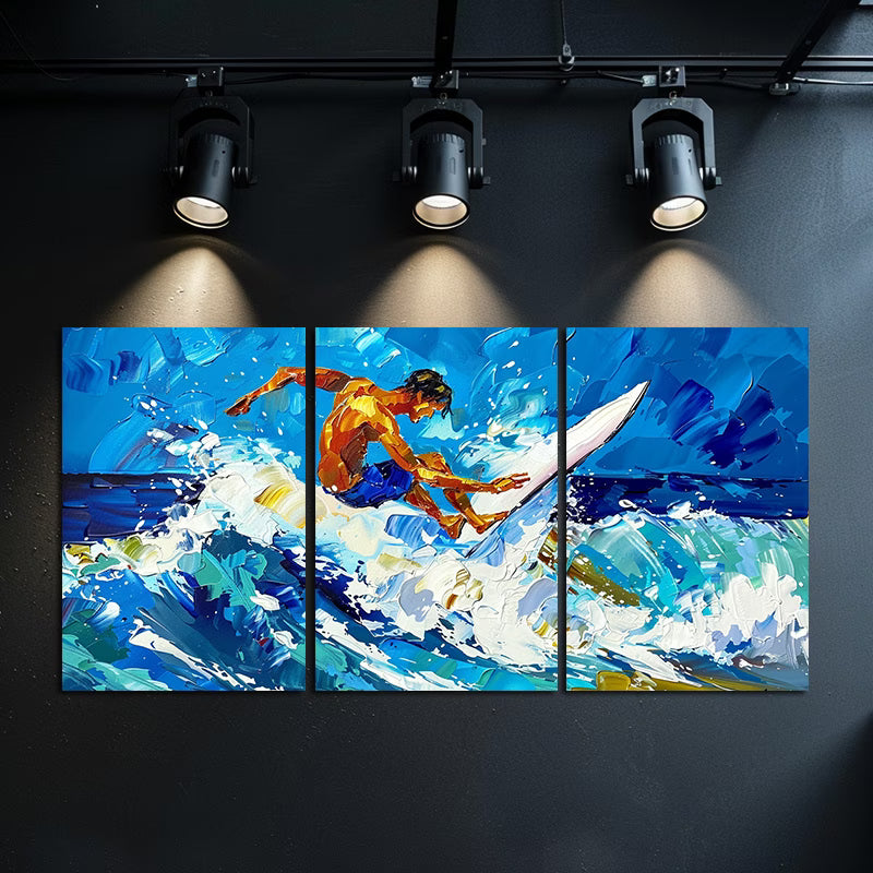 3pcs Ocean Wave Surfer Painting Wall Art Set Canvas Framed 50x70cm - High Quality Print 100% Australian Made Wall Canvas Ready to Hang