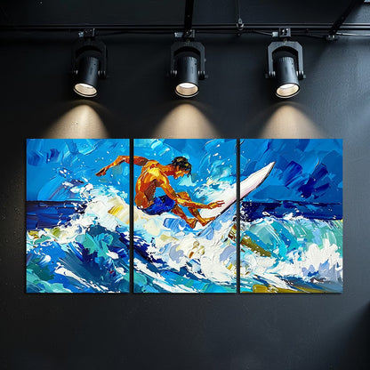 3pcs Ocean Wave Surfer Painting Wall Art Set Canvas Framed 50x70cm - High Quality Print 100% Australian Made Wall Canvas Ready to Hang