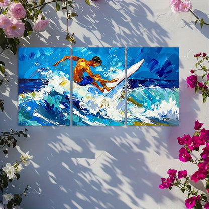 3pcs Ocean Wave Surfer Painting Wall Art Set Canvas Framed 50x70cm - High Quality Print 100% Australian Made Wall Canvas Ready to Hang