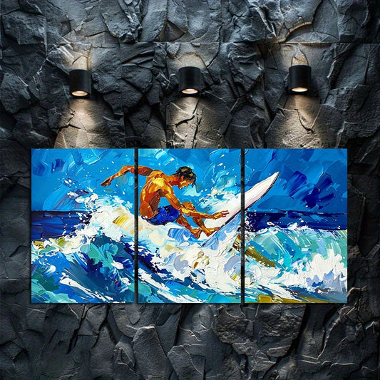 3pcs Ocean Wave Surfer Painting Wall Art Set Canvas Framed 50x70cm - High Quality Print 100% Australian Made Wall Canvas Ready to Hang