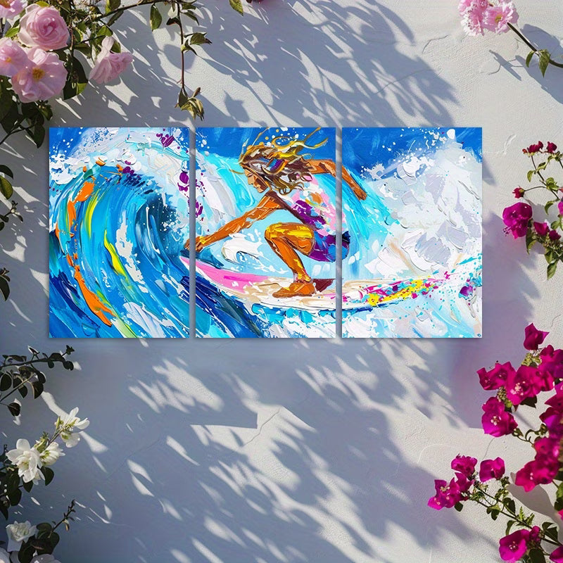 3pcs Vibrant Surfing Ocean Waves Wall Art Set Canvas Framed 50x70cm - High Quality Print 100% Australian Made Wall Canvas Ready to Hang