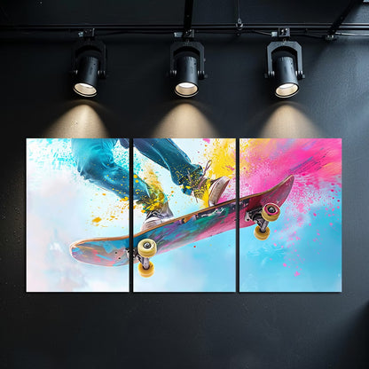 3pcs Vibrant Skateboarding Theme Wall Art Set Canvas Framed 50x70cm - High Quality Print 100% Australian Made Wall Canvas Ready to Hang
