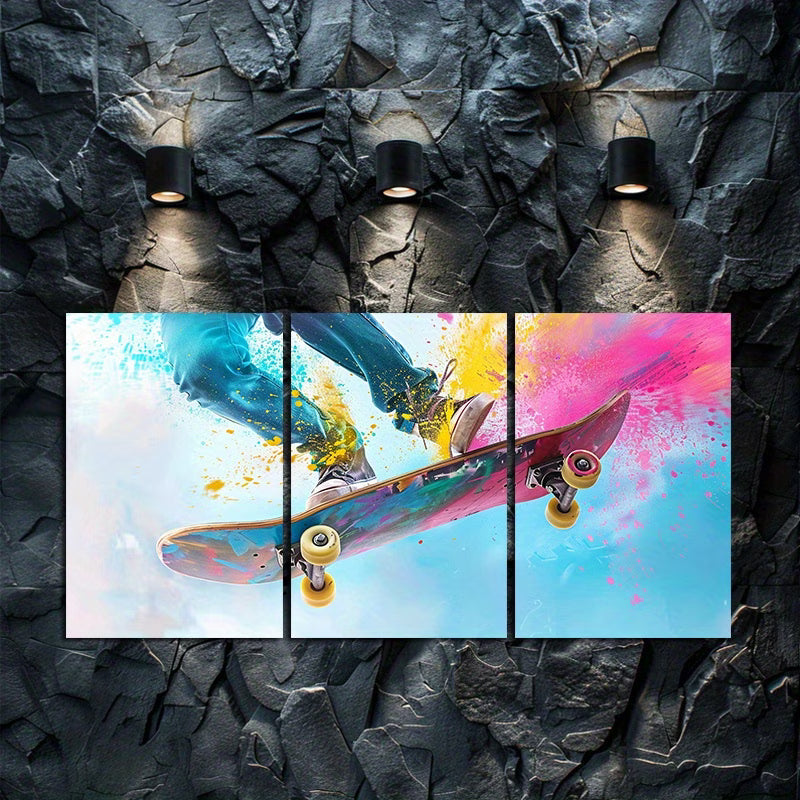 3pcs Vibrant Skateboarding Theme Wall Art Set Canvas Framed 50x70cm - High Quality Print 100% Australian Made Wall Canvas Ready to Hang