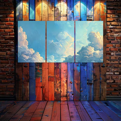 3pcs Blue Sky and White Clouds together Wall Art Set Canvas Framed 40x60cm - High Quality Print 100% Australian Made Wall Canvas Ready to Hang