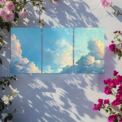 3pcs Blue Sky and White Clouds together Wall Art Set Canvas Framed 40x60cm - High Quality Print 100% Australian Made Wall Canvas Ready to Hang