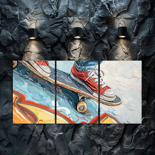 3pcs Collision Between Graffiti and Skateboard Wall Art Set Canvas Framed 50x70cm - High Quality Print 100% Australian Made Wall Canvas Ready to Hang