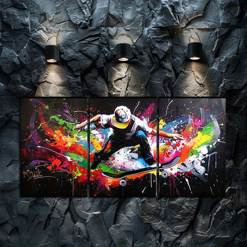 3pcs Skateboarder Graffiti Abstract Colorful Wall Art Set Canvas Framed 50x70cm - High Quality Print 100% Australian Made Wall Canvas Ready to Hang