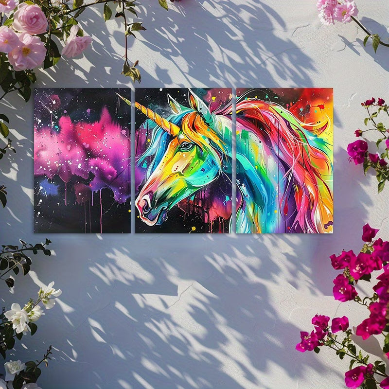 3pcs Oil Painting of a Magical Unicorn Wall Art Set Canvas Framed 50x70cm - High Quality Print 100% Australian Made Wall Canvas Ready to Hang