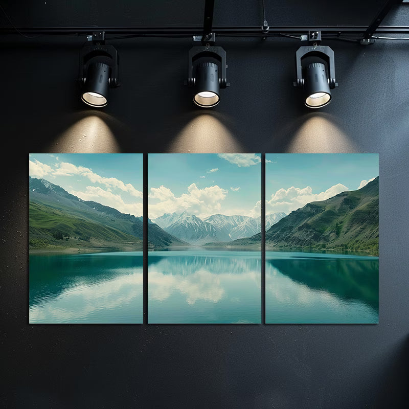 3pcs Reflective Almaty Lake and Mountain Scenery Wall Art Set Canvas Framed 50x70cm - High Quality Print 100% Australian Made Wall Canvas Ready to Hang