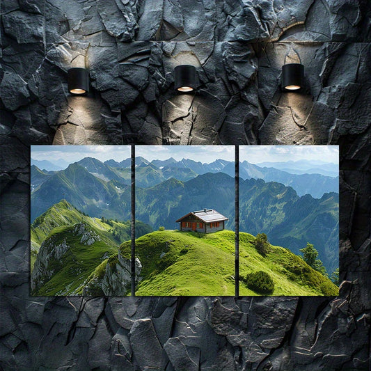 3pcs small mountain hotel on a grassy hill Wall Art Set Canvas Framed 60x90cm - High Quality Print 100% Australian Made Wall Canvas Ready to Hang