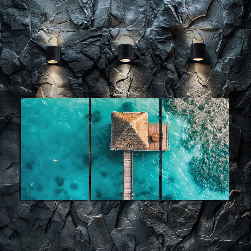 3pcs Wooden Pier and Thatched Roof Huts Wall Art Set Canvas Framed 60x90cm - High Quality Print 100% Australian Made Wall Canvas Ready to Hang