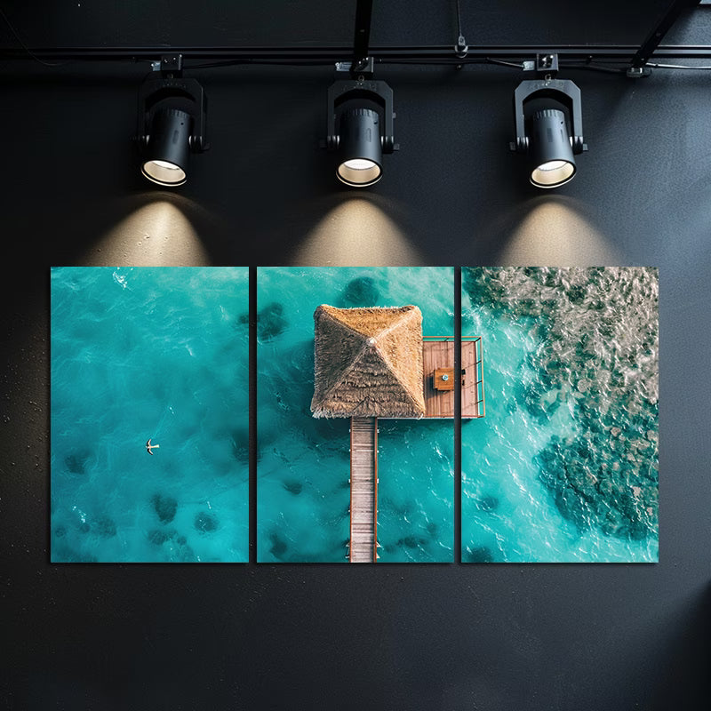 3pcs Wooden Pier and Thatched Roof Huts Wall Art Set Canvas Framed 60x90cm - High Quality Print 100% Australian Made Wall Canvas Ready to Hang