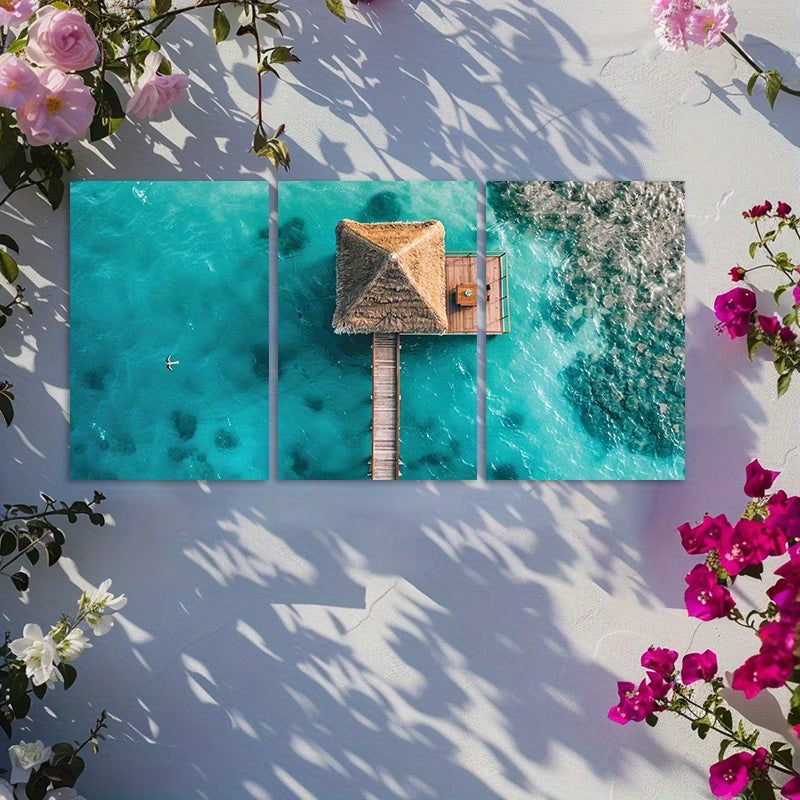 3pcs Wooden Pier and Thatched Roof Huts Wall Art Set Canvas Framed 60x90cm - High Quality Print 100% Australian Made Wall Canvas Ready to Hang