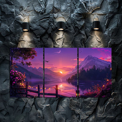 3pcs Vibrant Purple Pink Sky Lake Sunset Wall Art Set Canvas Framed 50x70cm - High Quality Print 100% Australian Made Wall Canvas Ready to Hang