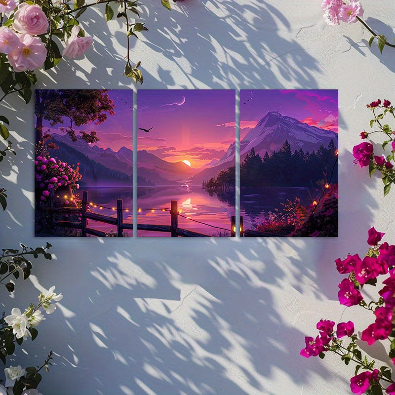 3pcs Vibrant Purple Pink Sky Lake Sunset Wall Art Set Canvas Framed 50x70cm - High Quality Print 100% Australian Made Wall Canvas Ready to Hang