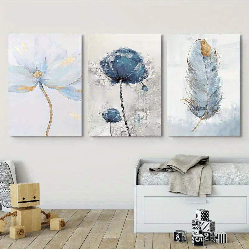 3pcs Blue Flower & Feather Metal Print Ready to Hang Art