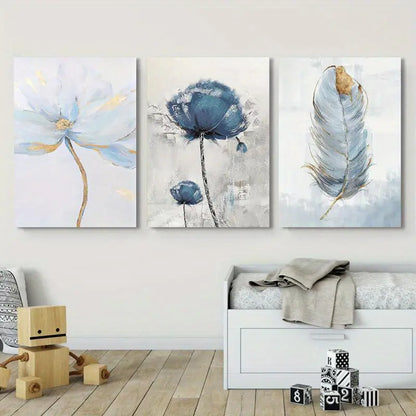 3pcs Blue Flower & Feather Metal Print Ready to Hang Art
