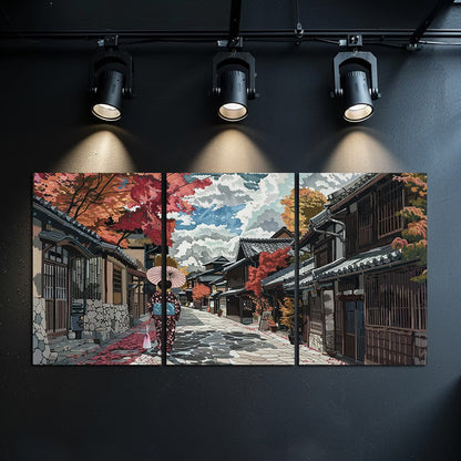 3pcs Japanese Street  Shin Hai Cheng Scene Wall Art Set Canvas Framed 50x70cm - High Quality Print 100% Australian Made Wall Canvas Ready to Hang