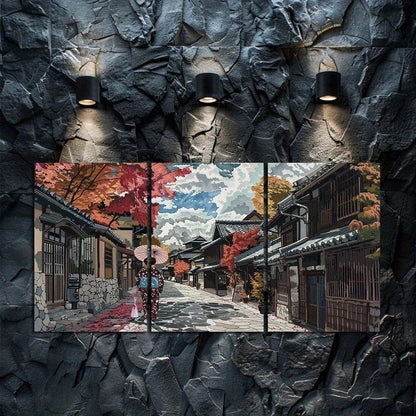 3pcs Japanese Street  Shin Hai Cheng Scene Wall Art Set Canvas Framed 50x70cm - High Quality Print 100% Australian Made Wall Canvas Ready to Hang