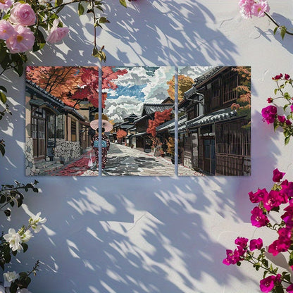 3pcs Japanese Street  Shin Hai Cheng Scene Wall Art Set Canvas Framed 50x70cm - High Quality Print 100% Australian Made Wall Canvas Ready to Hang