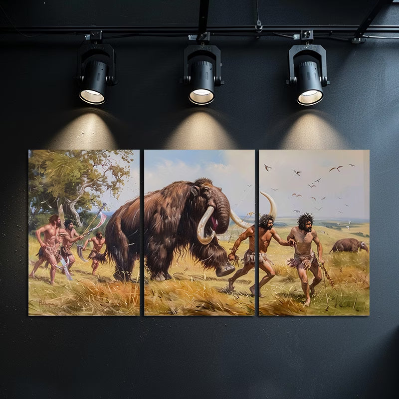 3pcs Prehistoric Hunting Scene Ancient Humans Wall Art Set Canvas Framed 60x90cm - High Quality Print 100% Australian Made Wall Canvas Ready to Hang
