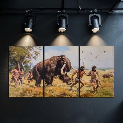 3pcs Prehistoric Hunting Scene Ancient Humans Wall Art Set Canvas Framed 60x90cm - High Quality Print 100% Australian Made Wall Canvas Ready to Hang