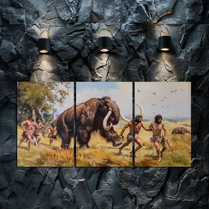 3pcs Prehistoric Hunting Scene Ancient Humans Wall Art Set Canvas Framed 60x90cm - High Quality Print 100% Australian Made Wall Canvas Ready to Hang
