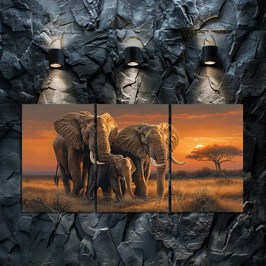 3pcs Elephants on the Grassland Warm Scene Wall Art Set Canvas Framed 50x70cm - High Quality Print 100% Australian Made Wall Canvas Ready to Hang