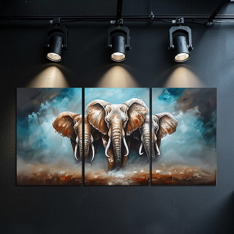 3pcs Elephant Trio Grandeur and Unity Themed Wall Art Set Canvas Framed 40x60cm - High Quality Print 100% Australian Made Wall Canvas Ready to Hang
