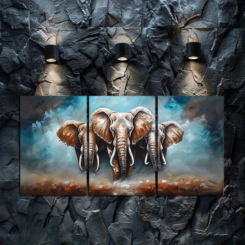 3pcs Elephant Trio Grandeur and Unity Themed Wall Art Set Canvas Framed 60x90cm - High Quality Print 100% Australian Made Wall Canvas Ready to Hang