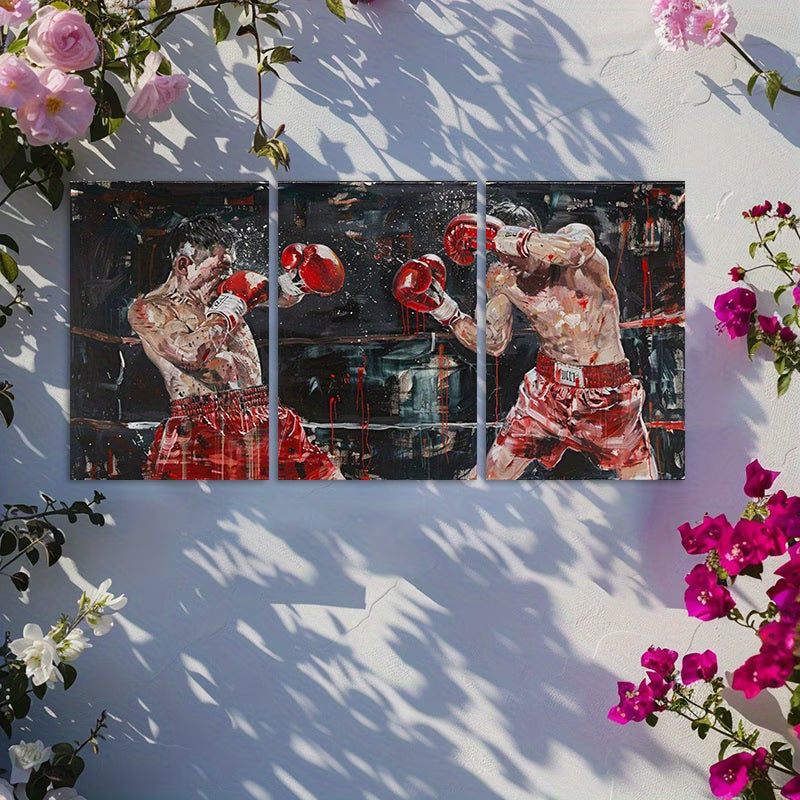 3pcs Boxer Fight Scene Wall Art Set Canvas Framed 60x90cm - High Quality Print 100% Australian Made Wall Canvas Ready to Hang