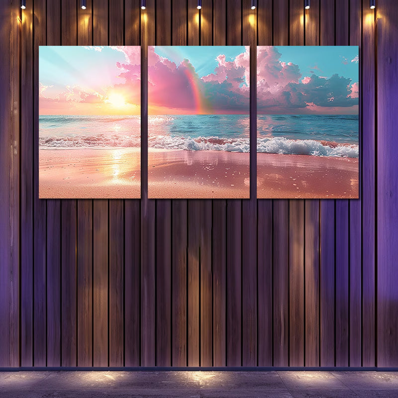 3pcs Beach Sunset with Pastel Rainbow Wall Art Set Canvas Framed 60x90cm - High Quality Print 100% Australian Made Wall Canvas Ready to Hang