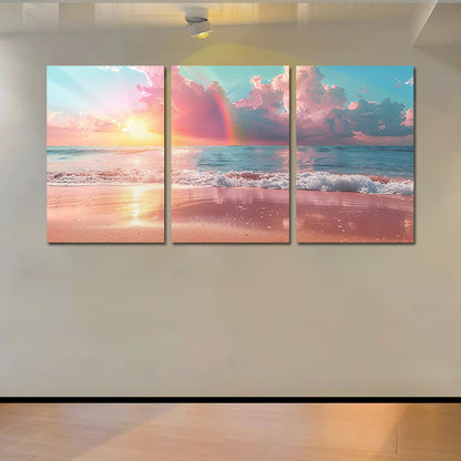 3pcs Beach Sunset with Pastel Rainbow Wall Art Set Canvas Framed 60x90cm - High Quality Print 100% Australian Made Wall Canvas Ready to Hang