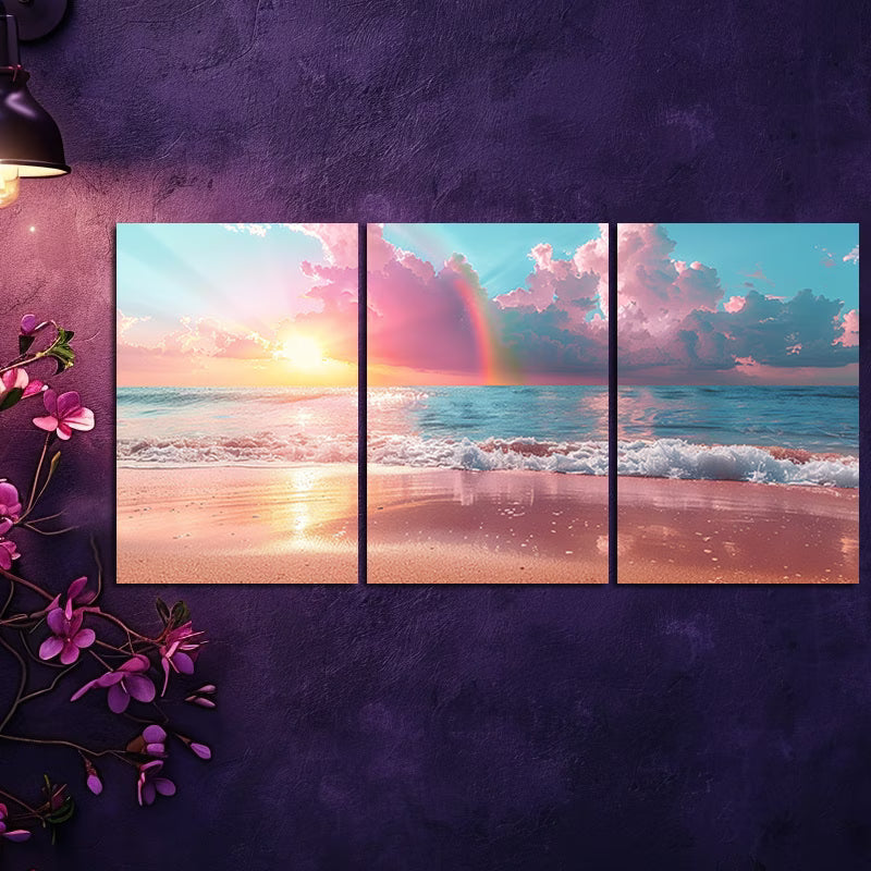 3pcs Beach Sunset with Pastel Rainbow Wall Art Set Canvas Framed 60x90cm - High Quality Print 100% Australian Made Wall Canvas Ready to Hang