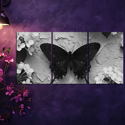 3pcs Black Butterfly Illustration Wall Art Set Canvas Framed 40x60cm - High Quality Print 100% Australian Made Wall Canvas Ready to Hang