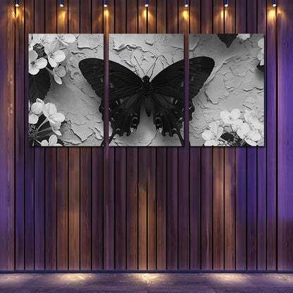 3pcs Black Butterfly Illustration Wall Art Set Canvas Framed 40x60cm - High Quality Print 100% Australian Made Wall Canvas Ready to Hang