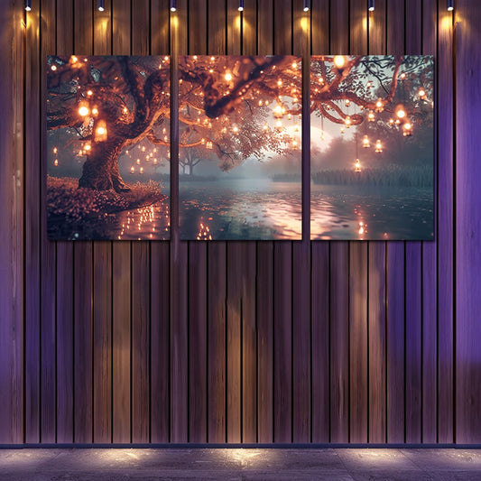 3pcs Enchanted Tree with Hanging Lights & Candle Wall Art Set Canvas Framed 60x90cm - High Quality Print 100% Australian Made Wall Canvas Ready to Hang