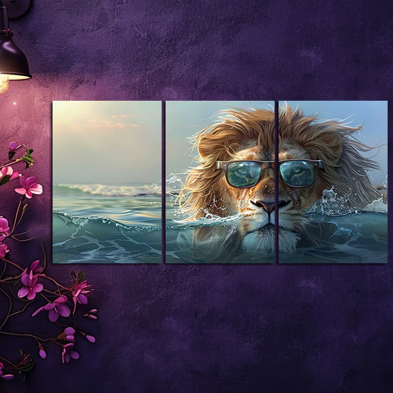 3pcs Lion with Glasses Ocean Wall Art Set Canvas Framed 60x90cm - High Quality Print 100% Australian Made Wall Canvas Ready to Hang