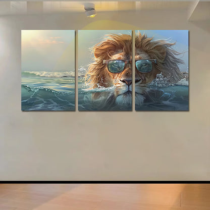 3pcs Lion with Glasses Ocean Wall Art Set Canvas Framed 40x60cm - High Quality Print 100% Australian Made Wall Canvas Ready to Hang