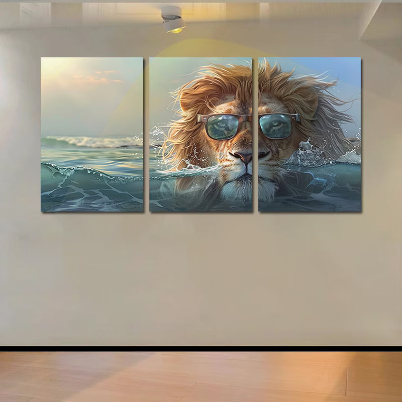 3pcs Lion with Glasses Ocean Wall Art Set Canvas Framed 50x70cm - High Quality Print 100% Australian Made Wall Canvas Ready to Hang