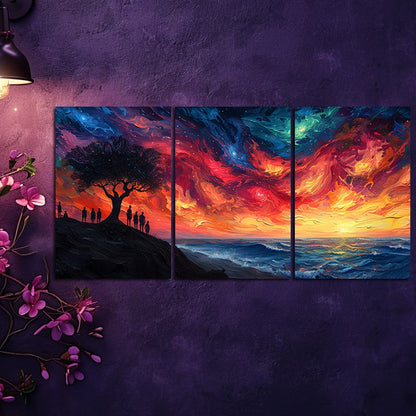 3pcs Psychedelic Tree of Life Vibrant Sunset Wall Art Set Canvas Framed 60x90cm - High Quality Print 100% Australian Made Wall Canvas Ready to Hang