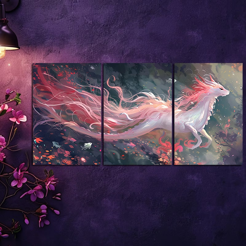 3pcs Pink-Haired Dragon Illustration Wall Art Set Canvas Framed 50x70cm - High Quality Print 100% Australian Made Wall Canvas Ready to Hang